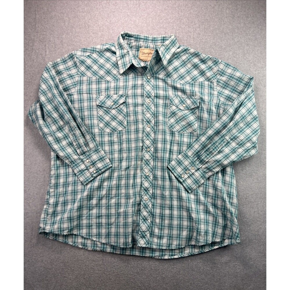 Wrangler Men's Western Shirt 3XL Blue Plaid Long Sleeve Pearl Snap Cowboy Rodeo
